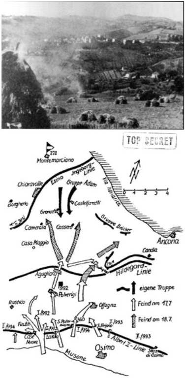 Sopra: 17 luglio 1944, ore 15 ca. da San Vincenzo un carrarmato si dirige verso Polverigi. Sotto: la carta della battaglia del Generale Hoppe.